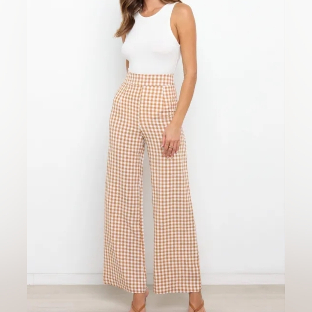 Petal & Pup “Gimmie” High-Rise Wide Leg Pants – Tan Gingham, US 4
